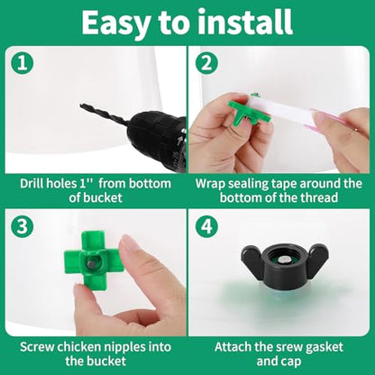 LemonRoad 50 Pack Horizontal Chicken Nipples Horizontal Poultry Automatic Waterer Nipples Chicken Water Feeder with 50 Pcs Ring Gaskets, 50 Pcs Wing Nuts and Drill Bit for Bucket Ducks Quail (Green)