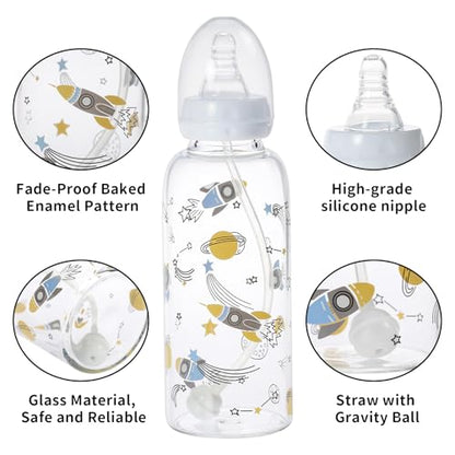 CutiePlusU Adult Glass Feeding Bottle Cute Printed Large Size Baby Bottles Cosmic Adventurer 13.5Oz/400ML - color: Cosmic Adventurer