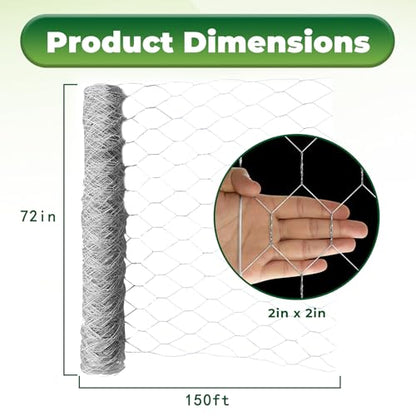 72 in x 150 ft, 2 inch Metal Mesh Pencing, Chicken Wire Fencing, Hexagonal Galvanized Mesh, Poultry Wire Netting for Chicken, Duck, Goose, Rabbit Fencing - size: 72 in x 150 ft 2 in