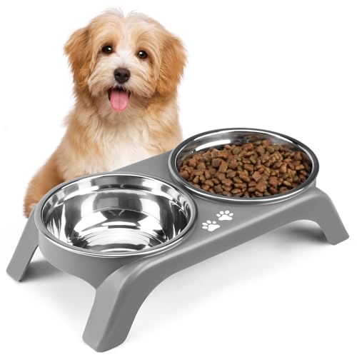 Elevated Dog Bowls for Small Dogs, 3” High Raised Dog Bowl Stand with Dual 5” Stainless Steel Bowls Non-Slip Pet Feeder for Puppy and Cats, Dishwasher Safe, Grey - color: Grey, size: 4.9" for Small Dogs