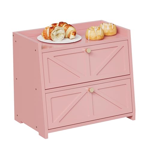 Trironsun Vintage Double Layer Bread Box for Kitchen Counter Bamboo Bread Storage Container Large Capacity Bread Storage Bin (Pink) - color: Pink