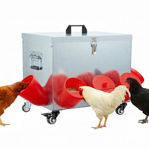 Magicfly 40 lbs Chicken Feeder No Waste, Large Metal Automatic Chicken Feeder Box, 8 Bell-Mouth Feeding Port, with Handle and Wheels, Rat Proof Chick Feeder for Chickens, Ducks & Geese - size: 40 lb