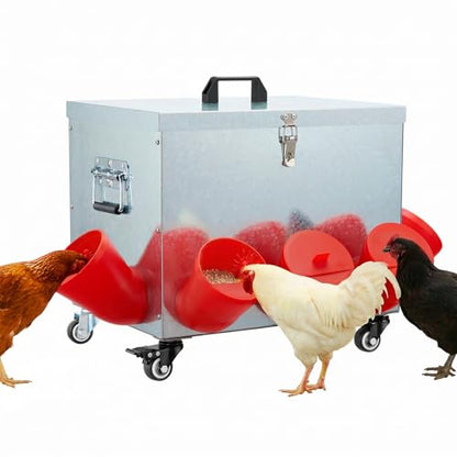 Magicfly 40 lbs Chicken Feeder No Waste, Large Metal Automatic Chicken Feeder Box, 8 Bell-Mouth Feeding Port, with Handle and Wheels, Rat Proof Chick Feeder for Chickens, Ducks & Geese - size: 40 lb