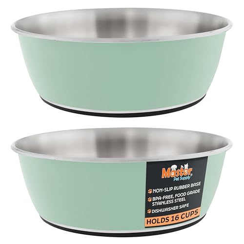 Master Pet Supply Stainless Steel Dog Bowls Set of 2 (128 Oz Each) with Non-Slip Rubber Base - Pistachio - Basic Dog Food Bowl Water & Food Bowls for Small Medium Large Dogs & Cats, Metal Dish - color: Pistachio, size: 16 Cups (128 oz) 2 Pack