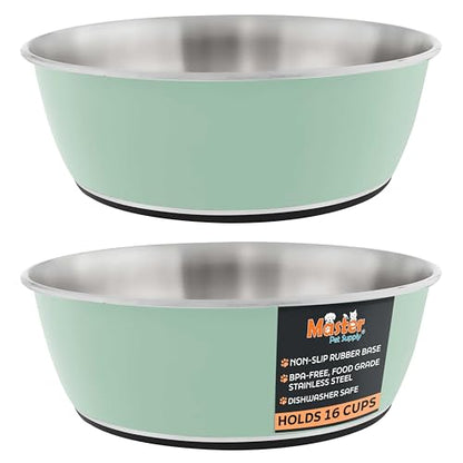 Master Pet Supply Stainless Steel Dog Bowls Set of 2 (128 Oz Each) with Non-Slip Rubber Base - Pistachio - Basic Dog Food Bowl Water & Food Bowls for Small Medium Large Dogs & Cats, Metal Dish - color: Pistachio, size: 16 Cups (128 oz) 2 Pack