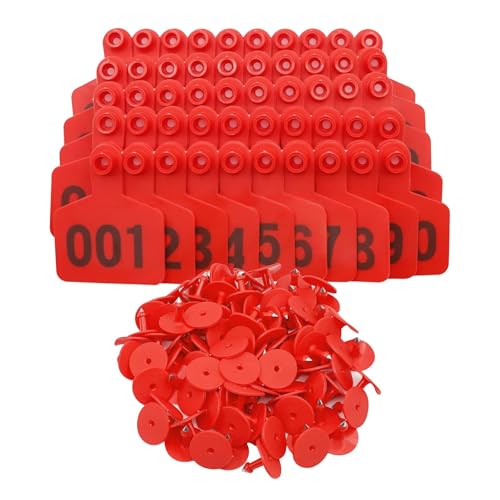 Ear Tags 001-1000 Numbered Livestock Large Plastic Cattle Tags with Numbers for Cows, Sheep, Goats Durable Farm Animal Identification Ear Tag 100pcs (Red, 001_100) - color: Red, size: 001_100