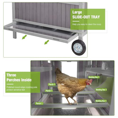 GUTINNEEN Chicken Coop Mobile Duck Coop with Super Large Wheels Durable Hen House 48.6" Outdoor Rabbit Hutch with Nesting Box for 3-6 Chickens - size: 48.6"L x 41.0"W x 52.1"H