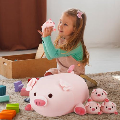Achwishap 5PCS Pig Family,Pig Stuffed Animal Mommy with 4 Pig Babies Plush,Cute Pig Plush Pillow Cushion Doll,Kawaii Pig Plush Toy Hugging Pillow for Kids Adults Birthday Gifts(16” Pig Family) - color: Pink Pig Family-mommy and Kids