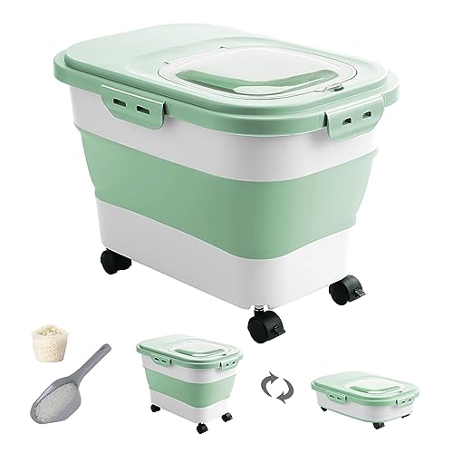 20-30 Lbs Rice Storage Container,Collapsible Food Storage Containers with Rolling Wheel Airtight Locking Lid,Flour Storage Container with Cup and Scoop,Suitable for Food,Rice,Pet Food,Flour - color: Light Green/20-30LBS