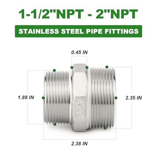 TAISHER 2PCS Cast 304 Stainless Steel Hex Nipple, Reducer Pipe Fitting 2" NPT Male x 1-1/2" NPT Male - size: 2" NPT x 1-1/2" NPT