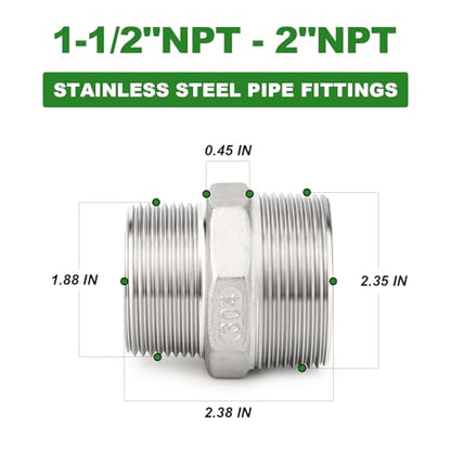 TAISHER 2PCS Cast 304 Stainless Steel Hex Nipple, Reducer Pipe Fitting 2" NPT Male x 1-1/2" NPT Male - size: 2" NPT x 1-1/2" NPT