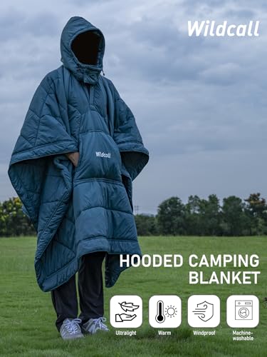 WildCall Hooded Camping Blanket with 3M Thinsulate Insulation Wearable Poncho Blanket Ultralight Foldable Quilt Sleeping Bag for Outdoor, Hiking, Stadium - color: Blue