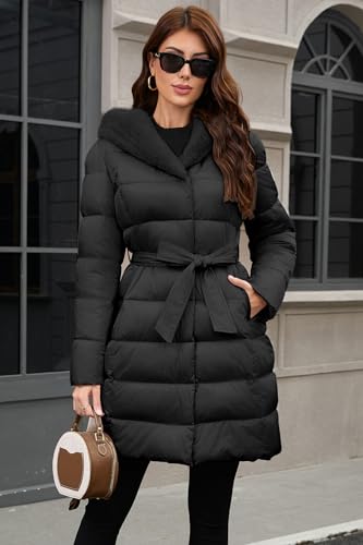 PAPILLON D'OR WEAR YOUR WINGS Women's Long Puffer Coat with Belt, Hood & Furry Lining - Knee-Length Winter Jacket - color: Black, size: Small