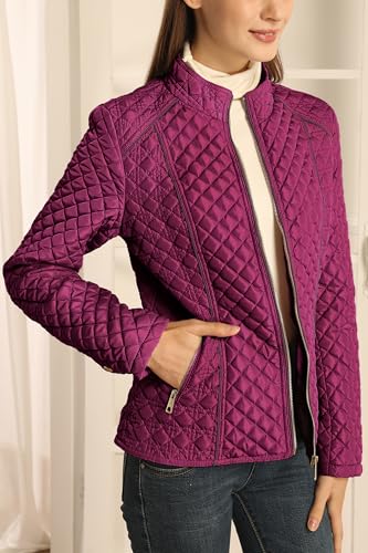 Bellivera Women's Stand Collar Lightweight Quilted Puffer Jacket | Casual Padded Zip Long Sleeve Coat for Spring and Winter with Pockets - color: Red, size: Small
