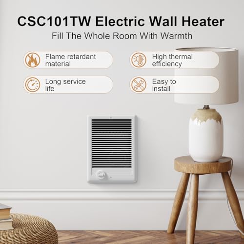 Electric Wall Heater Complete Unit with Thermostat, Model CSC101TW, 1000 Watt, 120 Volt, White