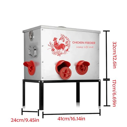 1pc 40 lb Chicken Feeder Box-6 Ports Large Metal Automatic Chicken Feeder Rat Proof with Locking Lid and Legs Galvanized for Chickens, Ducks, Geese(T1)