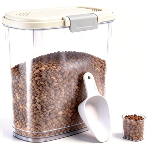 Airtight Dog Food Storage Container 10 Lbs - Slim Tall Pet Cat Food Treat Container with Lid, Scoop and Cup - Clear Plastic Dry Food Storage Bin for Dogs, Cats, Bird Seeds, Kibble, Pellets - color: Cream White