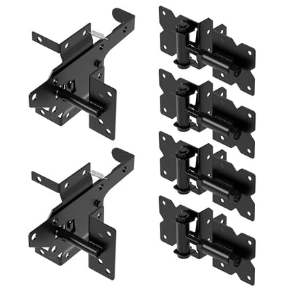 Self Closing Gate Hinge and Latch, Heavy Duty Self Locking Gate Hardware Kit for Wooden/Vinyl/PVC Fence Gate, Adjustable Gate Hinges and Post Mount Gate Latch, 2 Gate Latch 4 Gate Hinges