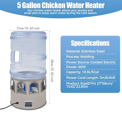 Chicken Water Heater, 5 Gallon Heated Chicken Waterer, Stainless Steel Heated Waterer for Chickens with Thermostat, Freeze-Proof Design, 50W Auto-On/Off, 110V