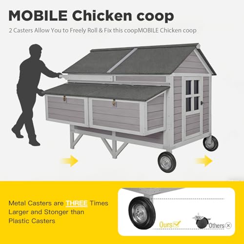 Aivituvin Chicken Coop Large Mobile Wooden Hen House with Nesting Box, Poultry Cage with Strong Iron Frame, Waterproof (Grey, AIR97) - color: Grey, size: 68.1"L x 53.9"W x 49.0"H