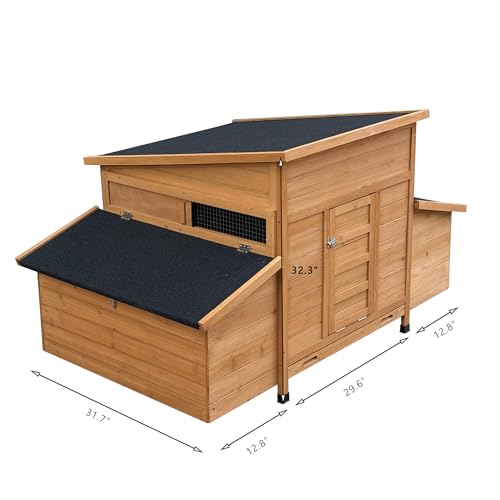 Large Wooden Chicken Coop with Waterproof Asphalt Roof, Fir Wood Poultry House with 6 Nesting Boxes & Ramp, Outdoor Weatherproof Hen Cage with Removable Tray for 6–8 Chickens