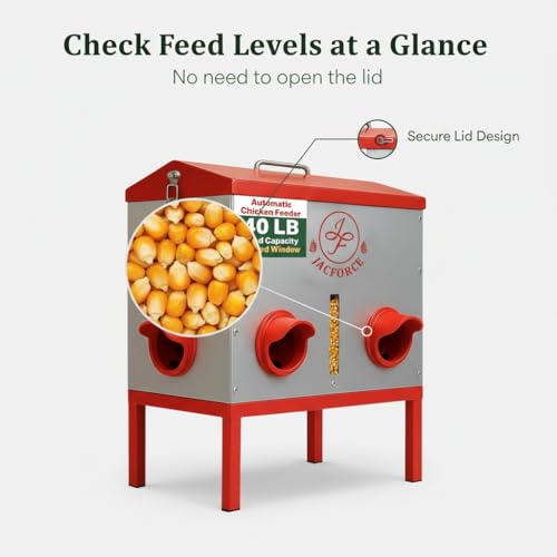 Automatic Chicken Feeder 40lb – Large Metal Poultry Feeder with 6 Ports, Galvanized No Waste Feeder with Secure Lid & Feed Window for Outdoor Coop
