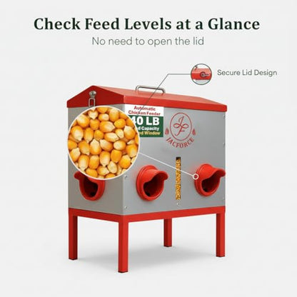 Automatic Chicken Feeder 40lb – Large Metal Poultry Feeder with 6 Ports, Galvanized No Waste Feeder with Secure Lid & Feed Window for Outdoor Coop