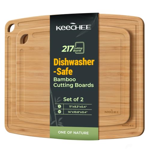 Keechee Dishwasher Safe Bamboo Cutting Boards Durable Lightweight Wood Cutting Board for Busy Kitchen, Easy Storage & Clean Wooden Chopping Boards with Juice Groove Set of 2 (M+S) - size: Set of 2 (Medium + Small)