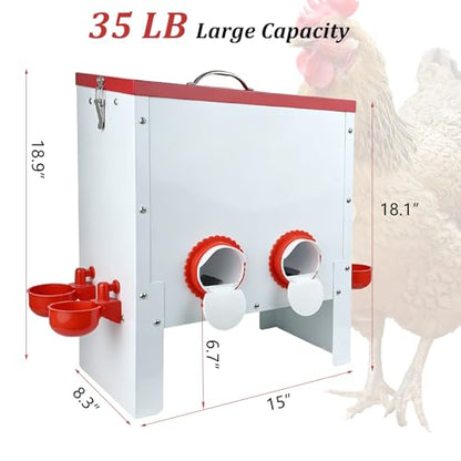 2 in 1 Metal Large Chicken Feeder and Waterer Set 35 LB No-Waste Design Automatic Chicken Feeder and Waterer for Outdoor Coops with 4 Feeding Ports and 5 Water Cups