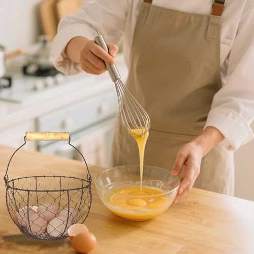 Farmhouse Wire Egg Basket For Gathering Fresh Eggs Iron Wire Storage Organizer With Handle Chicken Egg Collecting Basket Countertop Container Fruit Bin - color: Tan
