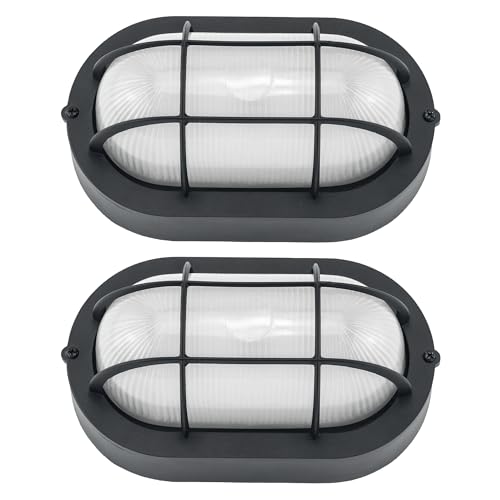 Oval Bulkhead Light, Outdoor LED Nautical and Sauna Lamp | Dimmable, 8.5 Inch 600 Lumen 5000K, Aluminum, Glass, Water-proof Wall Lantern Light for Patio, Porch, Garage, Black, 2 Pack - color: 5000K Black, size: 2pk-oval