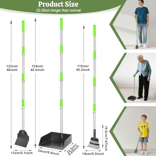 T2Y Pooper Scooper Extra Long Handle, Rake+Tray+Spade Set | 48" Tall No-Bend | 9.4'' Large Tray | Stainless Steel | Adjustable | Works on Grass, Gravel & Dirt | Easy to Install - size: Rake & Spade & Large Tray-Green