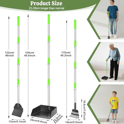 T2Y Pooper Scooper Extra Long Handle, Rake+Tray+Spade Set | 48" Tall No-Bend | 9.4'' Large Tray | Stainless Steel | Adjustable | Works on Grass, Gravel & Dirt | Easy to Install - size: Rake & Spade & Large Tray-Green