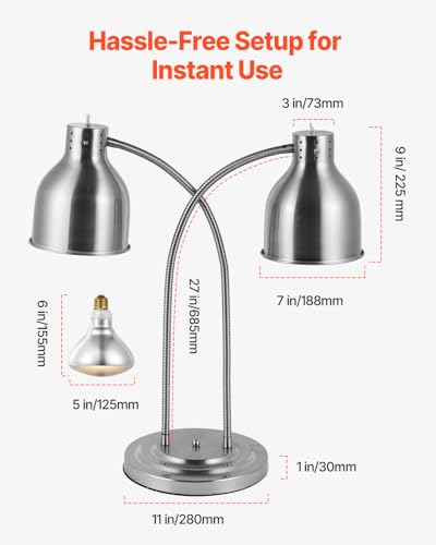 VEVOR Food Heat Lamp, 500W Electric Commercial Food Warmer Light, 2-Head Stainless Steel French Fry Heating Lamp with 3 Bulbs, Catering Food Warming Equipment for Kitchen, Buffet, Restaurant, Silver - style: Tabletop