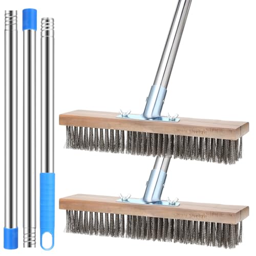 FillTouch Set of 2 Deck Brush with Handle 5.25 ft Long 2 Pcs Stainless Steel Deck Wire Brush Concrete Brush Stiff Bristle Broom for Cleaning Scrubbing Removing Rough Surface Stain on Pool Garage Patio