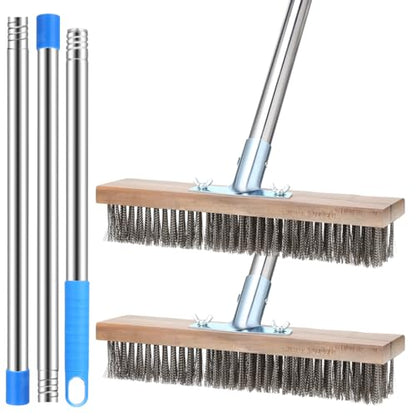 FillTouch Set of 2 Deck Brush with Handle 5.25 ft Long 2 Pcs Stainless Steel Deck Wire Brush Concrete Brush Stiff Bristle Broom for Cleaning Scrubbing Removing Rough Surface Stain on Pool Garage Patio