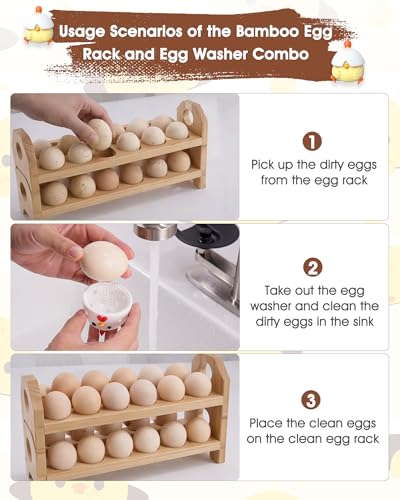 Bamboo Egg Holder Countertop with Silicone Egg Cleaner, 2-Tier Egg Holder for 24 Eggs, Stackable Design for Fresh Eggs, Farmhouse Egg Tray Storage Display Rack，Fits Quail, Duck, Chicken Eggs - color: 2-Tier with egg washer