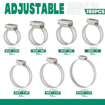 OURU 150PCS Hose Clamps Stainless Steel Assortment Adjustable 1/4"-1-1/2"(6-38mm) Worm Gear Hose Clamp, Heavy Duty Metal Small Hose Clamps for Automotive, Pipe, Radiator Plumbing, Fuel Line - size: 150PCS KIT-HOSE CLAMP(1/4"-1-1/2")