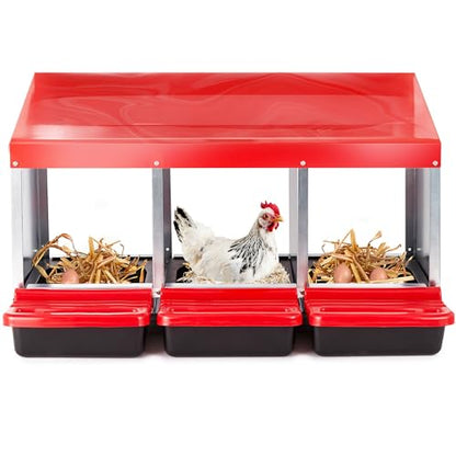 Chicken Nesting Boxes for Laying Eggs, 3-Compartment Roll-Away Nesting Boxes for Chickens Coop with Perch, Hens, Ducks & Other Poultry, Includes 3 Wooden Dummy Eggs