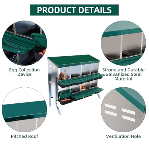 Chicken Nesting Boxes with Cleanable Pull-Out Trays - 8 Hole Metal Rollaway Nest Box for Laying Hens, Wall Mount or Placed Design for Easy Egg Collection & Cleaning