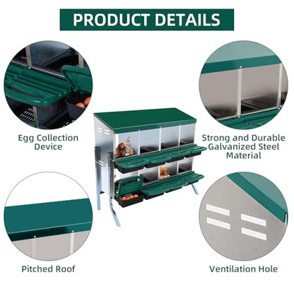 Chicken Nesting Box 8-Compartment – Roll Away Laying Boxes for Hens with Lid Cover & Egg Protection – Heavy Duty Red Poultry Nest Box - color: Green, size: 47.2"L x 17.7"W x 35.4"H