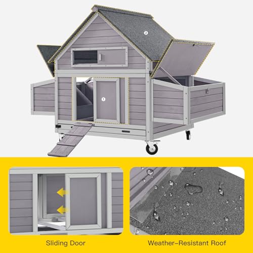 Aivituvin Chicken Coop with Wheels Large Poultry House with Two Nesting Boxes Outdoor Wooden Hen cage - color: Grey, size: 67.0"L x 39.8"W x 49.5"H