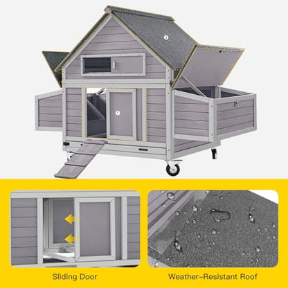 Aivituvin Chicken Coop with Wheels Large Poultry House with Two Nesting Boxes Outdoor Wooden Hen cage - color: Grey, size: 67.0"L x 39.8"W x 49.5"H