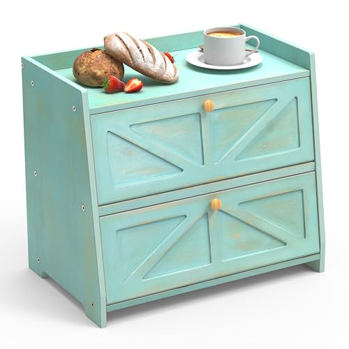 Trironsun Vintage Double Layer Bread Box for Kitchen Counter Bamboo Bread Storage Container Large Capacity Bread Storage Bin (Antique Blue) - color: Antique Blue