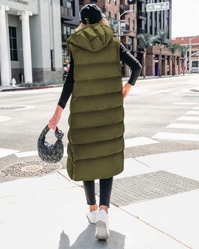 BTFBM Long Puffer Vest Women Quilted Hooded Button Down Zip Up Sleeveless Vests Outerwear Padded Jacket Fall Winter Coat - color: Army Green, size: Large