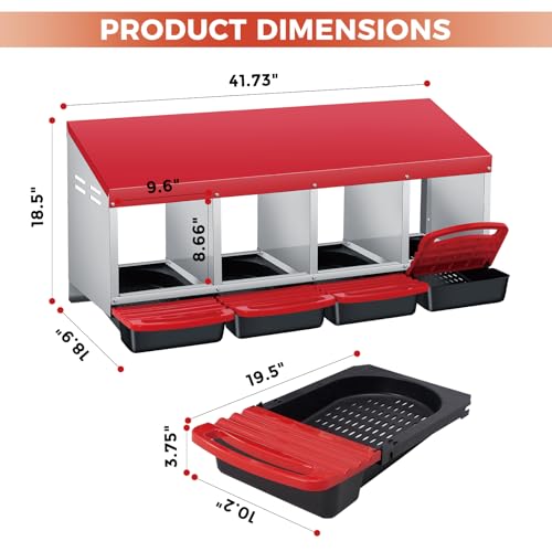 Chicken Nesting Box 4-Compartment Roll-Out with Pull-Out Trays, Egg Nesting Boxes for Hens, Chicken Coop Laying Box,Easy Wall Mounting with Metal Legs - color: red, size: 4 holes