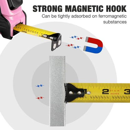 WORKPRO Pink Auto-Lock Tape Measure, 25FT 1/8 Fractions Easy Read Measuring Tape, Double Retract Measurement Tape Accuracy 1/32 for Engineer,with Magnetic Hook, Rubber Protective Casing - Pink Ribbon - color: Pink