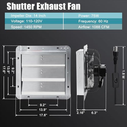 Criditpid 14 Inch Shutter Exhaust Fan, 1088 CFM Wall Mounted Attic Fan, Greenhouse Fan with Speed Controller and Thermostat for Garages, Warehouse, Shed, Basement, Chicken Coops Ventilation, 1450 RPM - size: 14 Inch Shutter Exhaust Fan