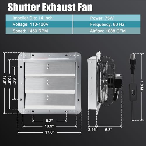 14 Inch Shutter Exhaust Fan with Speed Controller and 1.8M Power Cord for Garage, Greenhouse, Attic, Chicken Coop, Shop, Shed, Basement, 1088 CFM 1450 RPM Industrial Wall Mounted Ventilation Fan - size: 14 Inch Exhaust Fan