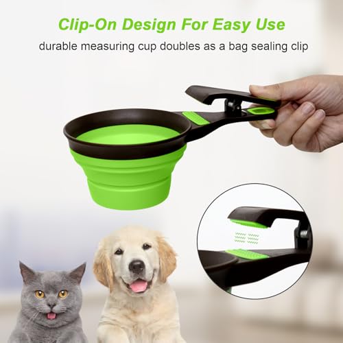 Collapsible Silicone Dog Food Scoop Foldable Pet Food Measuring Cup with Bag Clip 3 in 1 Multi-Function Silicone Dog Food Scooper (Green, Large) - color: Green, size: Large